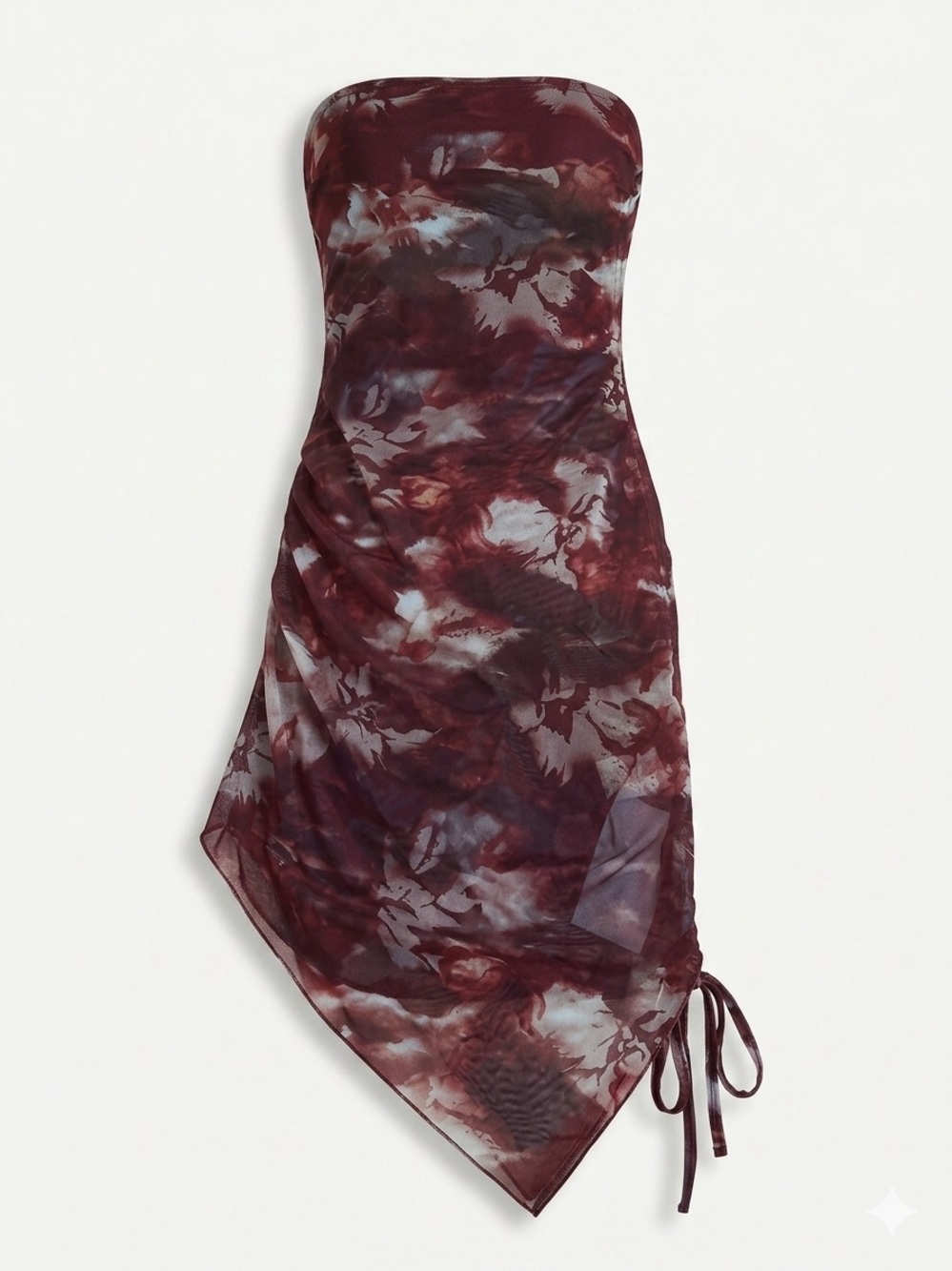 Strapless Maroon Tie-Dye Swim Coverup with Handkerchief Hem